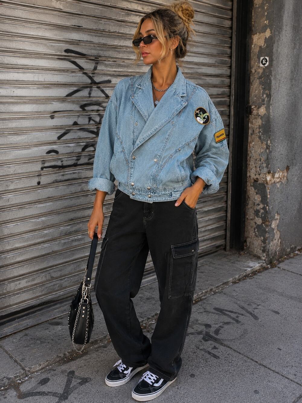 Vintage Organically Grown Womens Small Studded Denim Jacket Light Wash Patches